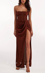 L1509 - Sexy Fitted Satin Strapless Sleeveless Empire Ruched With Side Slit  Party Prom Evening Dress