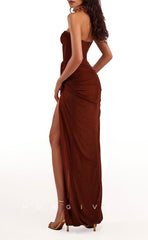 L1509 - Sexy Fitted Satin Strapless Sleeveless Empire Ruched With Side Slit  Party Prom Evening Dress