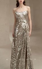 L1512 - Sexy Glitter Bateau Strapless Sleeveless Empire Ruched With Side Slit  Party Prom Evening Dress