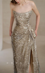 L1512 - Sexy Glitter Bateau Strapless Sleeveless Empire Ruched With Side Slit  Party Prom Evening Dress