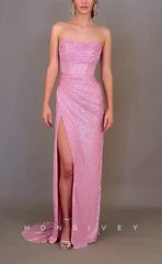 L1513 - Sexy Fitted Glitter Bateau Sleeveless With Side Slit Pleats Train  Party Prom Evening Dress