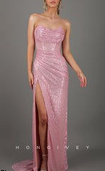 L1513 - Sexy Fitted Glitter Bateau Sleeveless With Side Slit Pleats Train  Party Prom Evening Dress
