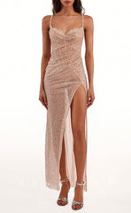 L1514 - Chic Glitter Illusion Sweetheart Spaghetti Straps With Side Slit  Party Prom Evening Dress