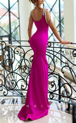 L1527 - Sexy Fitted Satin Square Beaded Spaghetti Straps Empire Party Prom Evening Dress