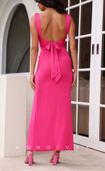 L1529 - Sexy Fitted Satin Square Straps Open Back Bowknot Party Prom Evening Dress