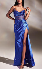L1531 - Sexy Fitted Satin Asymmetrical Spaghetti Straps Empire Ruched With Side Slit Party Prom Evening Dress