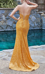 L1533 - Sexy Fitted Glitter Sweetheart Spaghetti Straps Ruched With Side Slit Party Prom Evening Dress