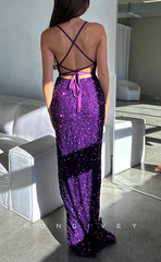 L1536 - Sexy Fitted Glitter Square Spaghetti Straps With Side Slit Party Prom Evening Dress