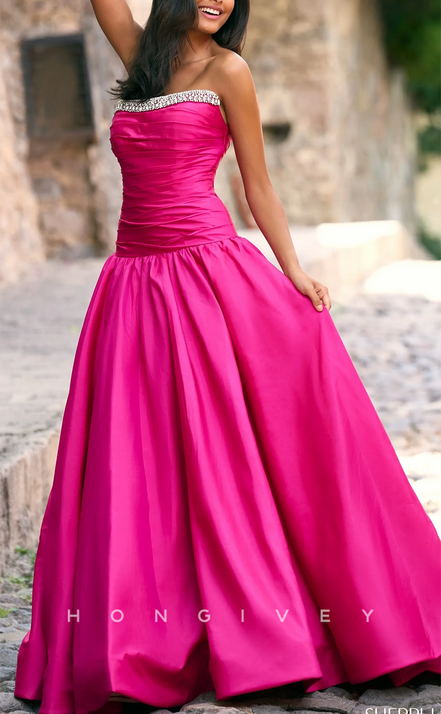 L1537 - Chic Satin A-Line Strapless Sleeveless With Train Party Prom Evening Dress