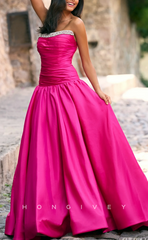 L1537 - Chic Satin A-Line Strapless Sleeveless With Train Party Prom Evening Dress