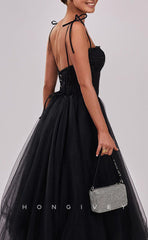 L1542 - Sexy Tulle A-Line Square Spaghetti Straps Bowknot Empire Party Prom Evening Dress