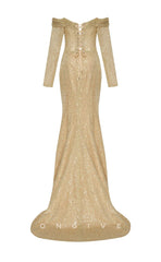 L1547 - Sexy Satin Glitter Fitted Off-Shoulder Long Sleeve With Train Party Prom Evening Dress