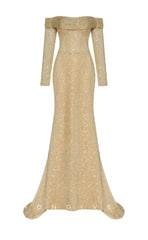 L1547 - Sexy Satin Glitter Fitted Off-Shoulder Long Sleeve With Train Party Prom Evening Dress