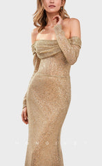 L1547 - Sexy Satin Glitter Fitted Off-Shoulder Long Sleeve With Train Party Prom Evening Dress