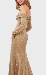 L1547 - Sexy Satin Glitter Fitted Off-Shoulder Long Sleeve With Train Party Prom Evening Dress