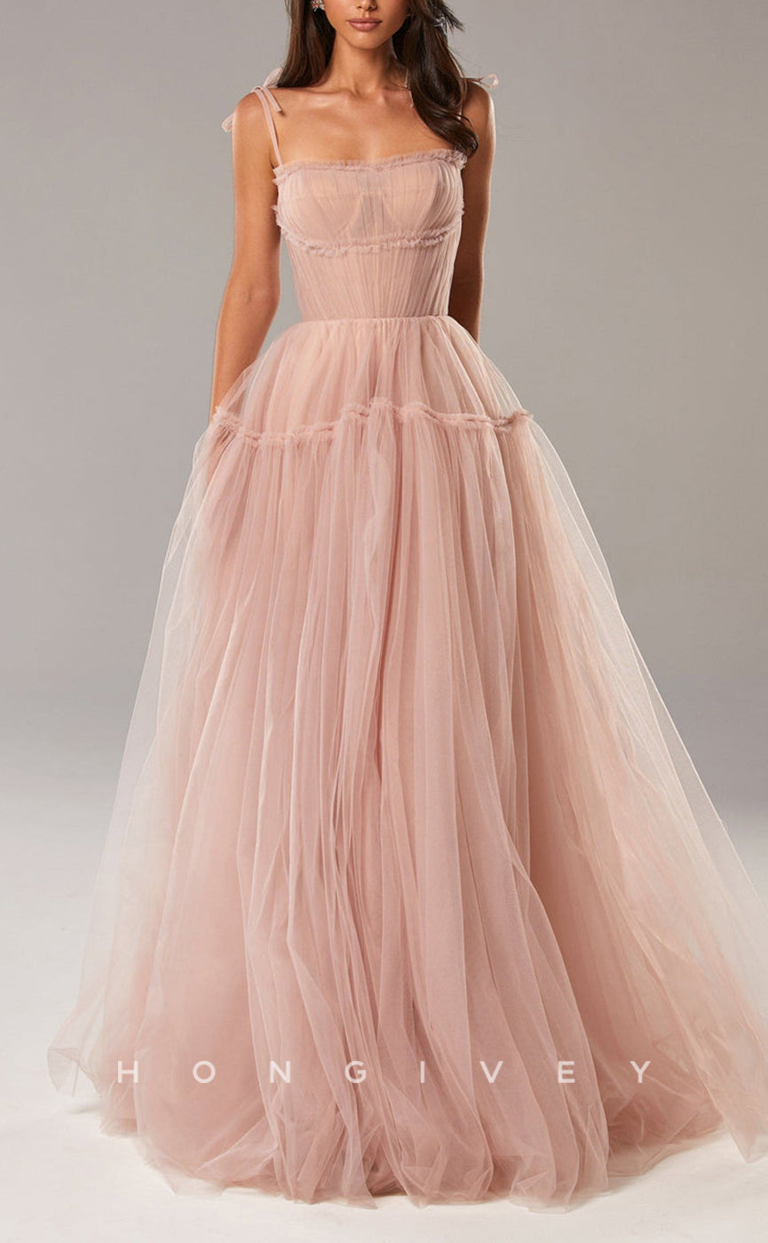L1548 - Sexy A-Line Tulle Illusion Bowknot Square Spaghetti Straps Empire Party Prom Evening Dress