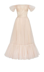 L1550 - Sexy Tulle Illusion A-Line Off-Shoulder Empire Beaded Party Prom Evening Dress