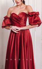 L1551 - Sexy Satin A-Line Sweetheart Strapless Puff Sleeves Gown Empire Ruched With Side Slit Party Prom Evening Dress