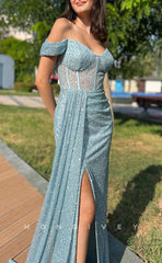 L1562 - Sexy Fitted Glitter Illusion Off-Shoulder With Side Slit Train Party Prom Evening Dress