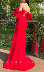 L1566 - Sexy Fitted Satin Off-Shoulder Puff Sleeves Gown Ruched With Side Slit Party Prom Evening Dress