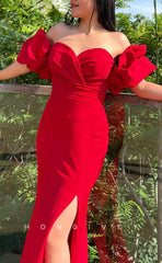 L1566 - Sexy Fitted Satin Off-Shoulder Puff Sleeves Gown Ruched With Side Slit Party Prom Evening Dress