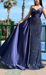 L1567 - Chic Fitted Glitter One Shoulder Empire With Train Party Prom Evening Dress