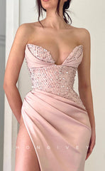L1569 - Chic Satin Sweetheart Strapless Sleeveless Empire With Side Slit Party Prom Evening Dress