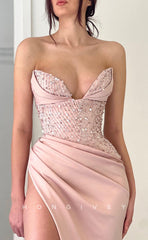 L1569 - Chic Satin Sweetheart Strapless Sleeveless Empire With Side Slit Party Prom Evening Dress