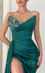 L1572 - Sexy Satin V-Neck Sleeveless Ruched With Side Slit Train Party Prom Evening Dress