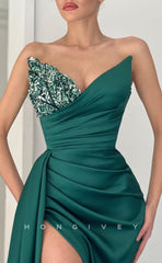 L1572 - Sexy Satin V-Neck Sleeveless Ruched With Side Slit Train Party Prom Evening Dress