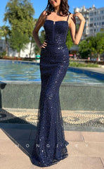 L1580 - Sexy Fitted Glitter Square Spaghetti Straps Sequined Floor-Length Party Prom Evening Dress