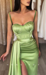 L1582 - Sexy Satin Sweetheart Spaghetti Straps Empire Pleats With Train Party Prom Evening Dress