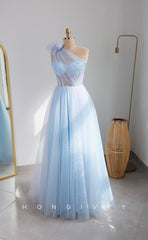 L1587 - Chic Tulle Illusion A-Line One Shoulder Empire With Side Slit Party Prom Evening Dress