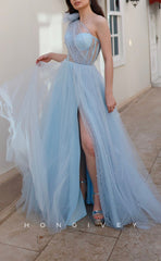 L1587 - Chic Tulle Illusion A-Line One Shoulder Empire With Side Slit Party Prom Evening Dress