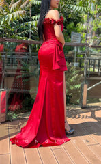 L1590 - Sexy Fitted Satin Off-Shoulder Empire Ruched Floral Party Prom Evening Dress