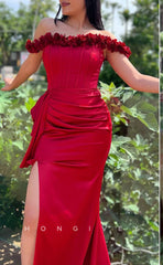 L1590 - Sexy Fitted Satin Off-Shoulder Empire Ruched Floral Party Prom Evening Dress