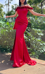 L1590 - Sexy Fitted Satin Off-Shoulder Empire Ruched Floral Party Prom Evening Dress