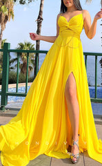 L1591 - Sexy A-Line Satin V-Neck Spaghetti Straps With Slit Train Party Prom Evening Dress
