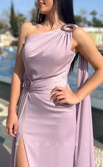 L1592 - Sexy Fitted Satin One Shoulder Belt With Side Slit Train Party Prom Evening Dress