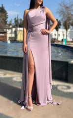 L1592 - Sexy Fitted Satin One Shoulder Belt With Side Slit Train Party Prom Evening Dress