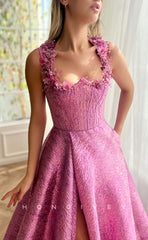 L1594 - Sexy A-Line Satin Empire Asymmetrical Sleeveless Floral With Side Slit Party Prom Evening Dress