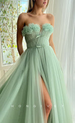 L1596 - Chic A-Line Tulle Strapless Floral Embossed Sleeveless Empire With Side Slit Party Prom Evening Dress