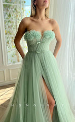 L1596 - Chic A-Line Tulle Strapless Floral Embossed Sleeveless Empire With Side Slit Party Prom Evening Dress