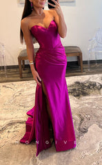 L1599 - Sexy Fitted Satin Sweetheart Sleeveless Ruched With Side Slit Train Party Prom Evening Dress