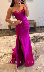 L1599 - Sexy Fitted Satin Sweetheart Sleeveless Ruched With Side Slit Train Party Prom Evening Dress