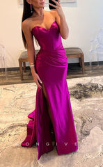 L1599 - Sexy Fitted Satin Sweetheart Sleeveless Ruched With Side Slit Train Party Prom Evening Dress