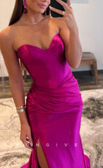 L1599 - Sexy Fitted Satin Sweetheart Sleeveless Ruched With Side Slit Train Party Prom Evening Dress
