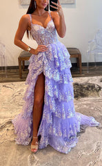 L1600 - Sexy A-Line Glitter V-Neck Spaghetti Straps Tiered Long With Side Slit Train Party Prom Evening Dress