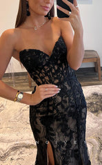 L1601 - Sexy Black Fitted Illusion V-Neck Sleeveless With Side Slit Party Prom Evening Dress