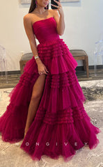 L1603 - Sexy A-Line Tulle Square Strapless Sleeveless Empire With Side Slit Party Prom Evening Dress